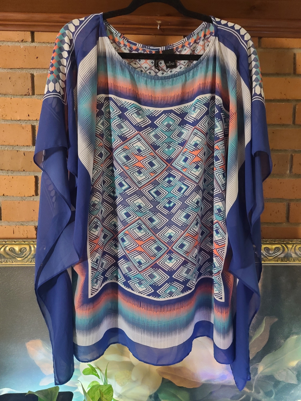 new directions Blue Geometric Print Blouse with Coral and Teal Accents